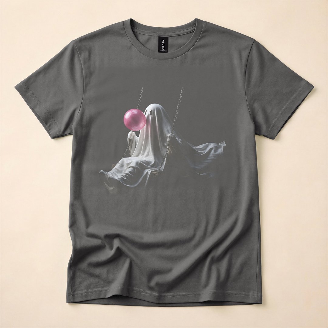Cute Ghost on a Swing Blowing Bubble Gum Halloween T-Shirt - photo 5