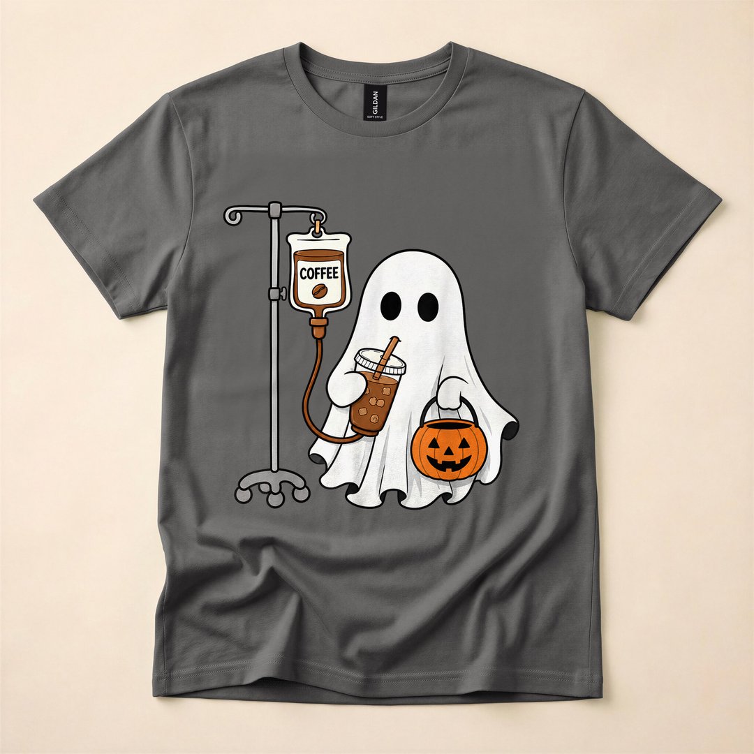 Ghost Drinking Iced Coffee Cute Halloween T-Shirt - photo 5