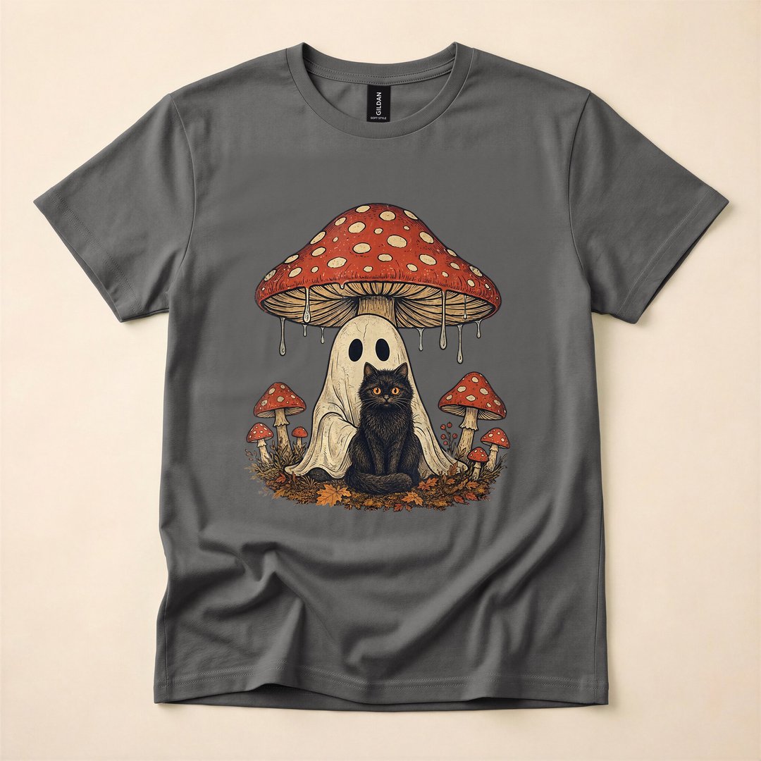 Mushroom Ghost and Black Cat Cottagecore Halloween T-Shirt - photo 5