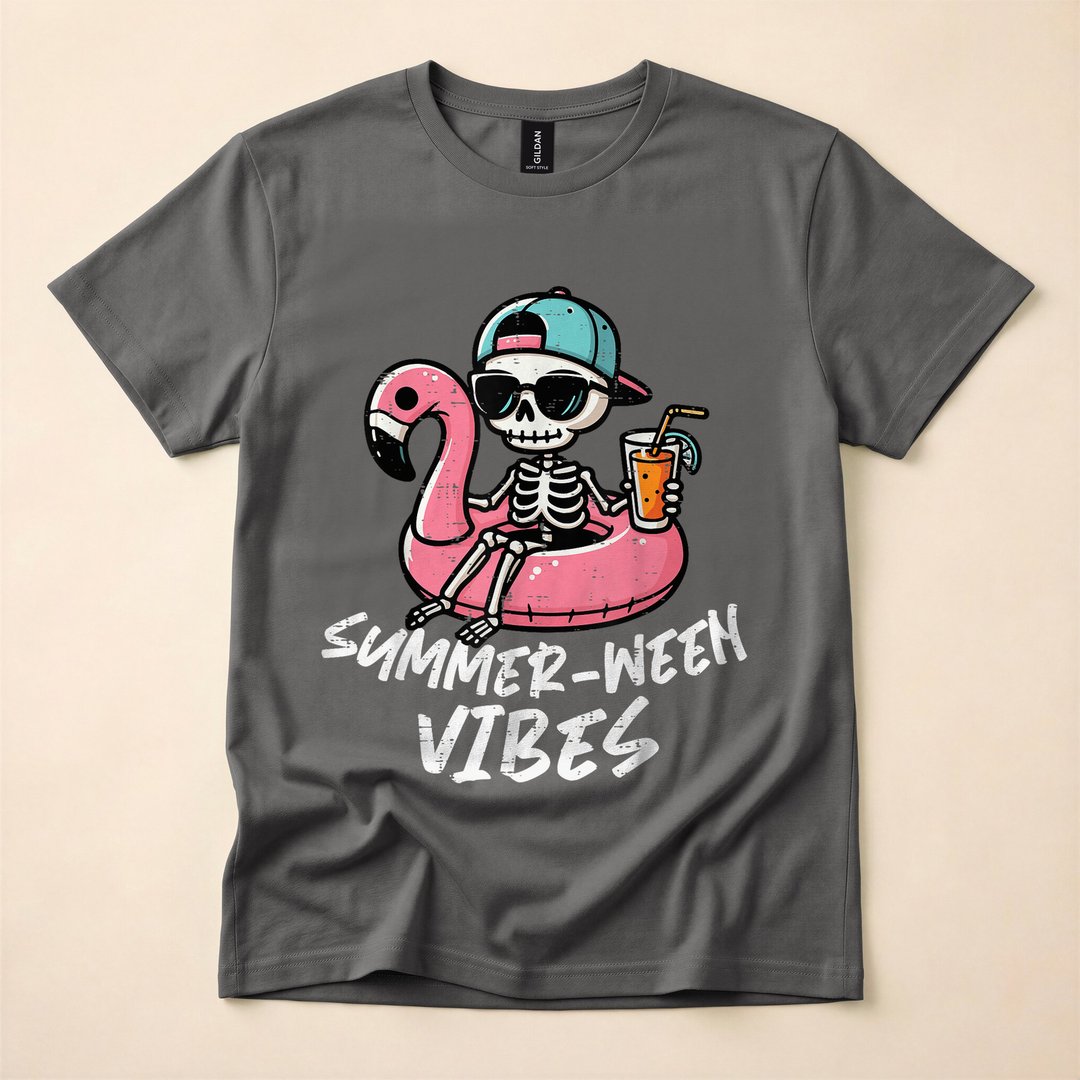 Summer-Ween Skeleton Pool Float Funny Halloween T-Shirt - photo 5