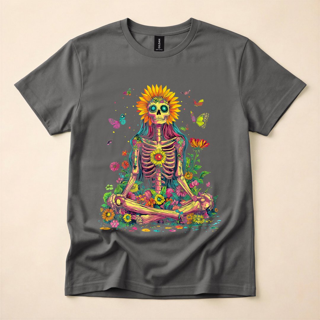 Trippy Sunflower Skeleton Psychedelic Hippie T-Shirt - photo 5