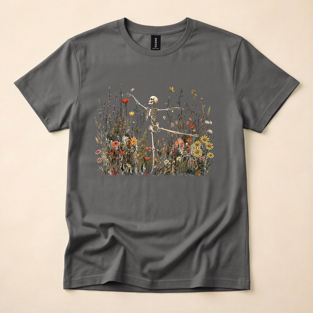 Dancing Skeleton with Wildflowers Cottagecore Halloween T-Shirt - photo 5