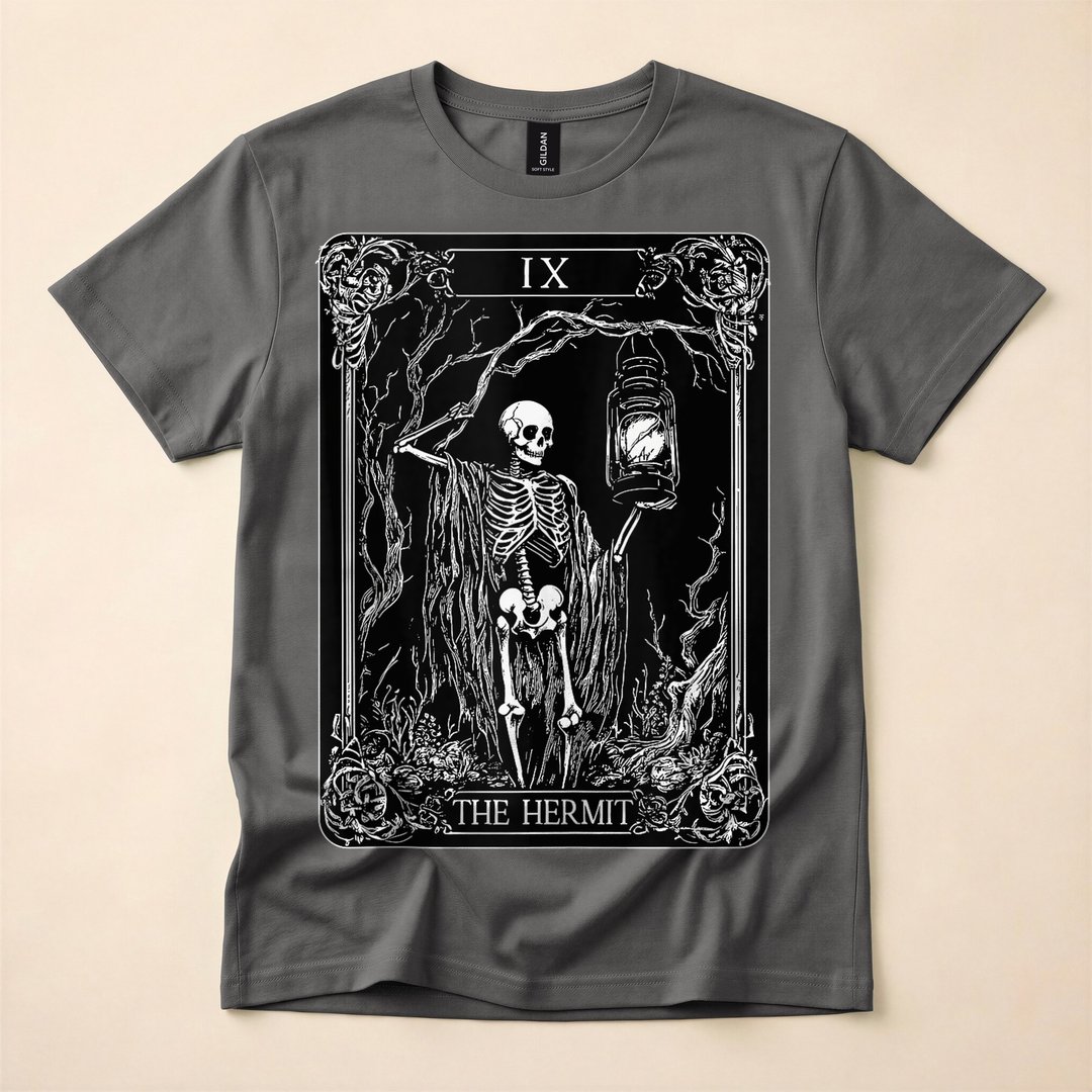 Skeleton The Hermit Tarot Card Gothic Halloween T-Shirt - photo 5