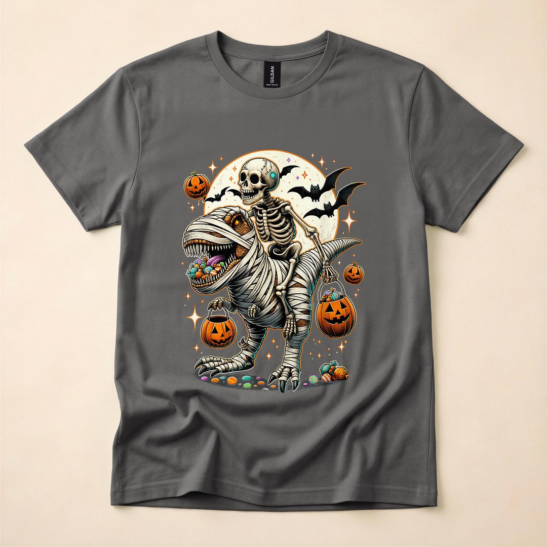 Skeleton Riding a Mummy T-Rex Funny Halloween T-Shirt - photo 5