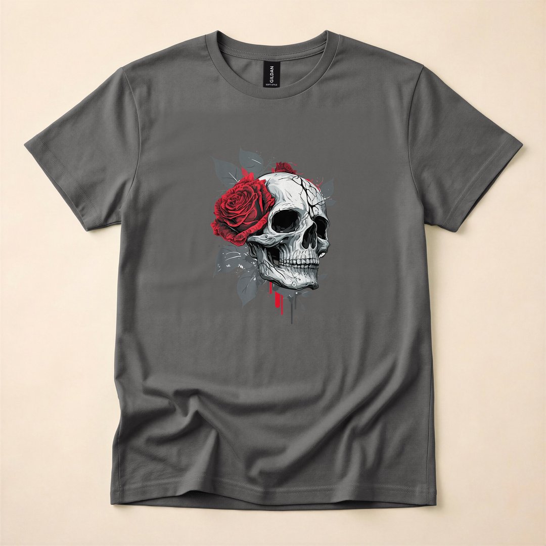Skeleton Skull Hand Holding a Red Rose Gothic T-Shirt - photo 5