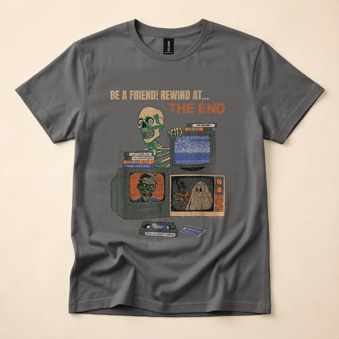 Blockbuster Rewind Horror Movie Skeleton Vintage Halloween T-Shirt - photo 5