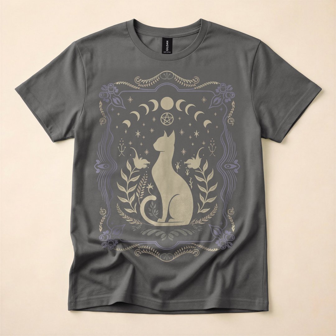 Dark Gothic Cat Moon Phase Witchy Lunar T-Shirt - photo 5
