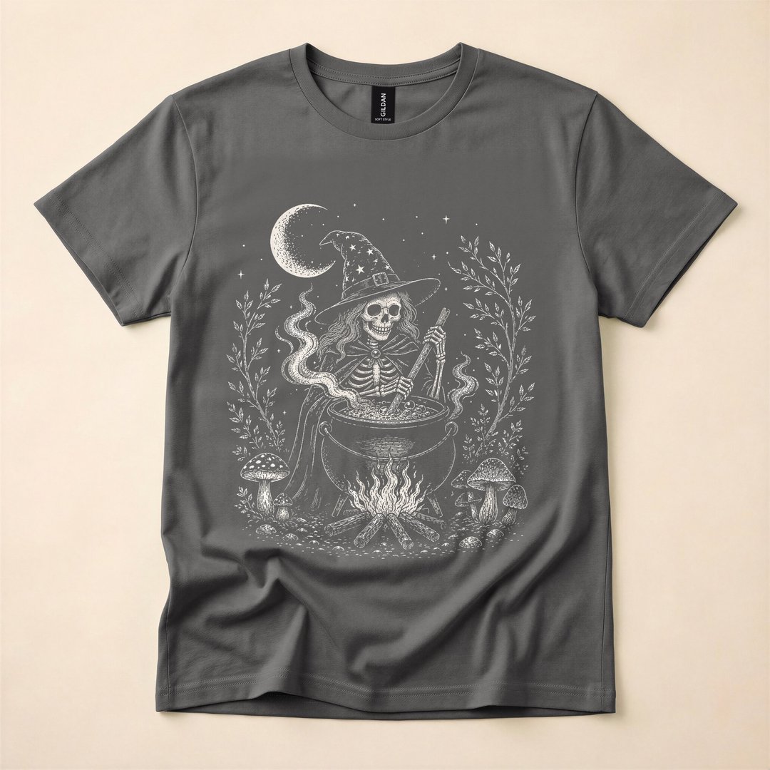 Vintage Skeleton Witch Cottagecore Halloween T-Shirt - photo 5