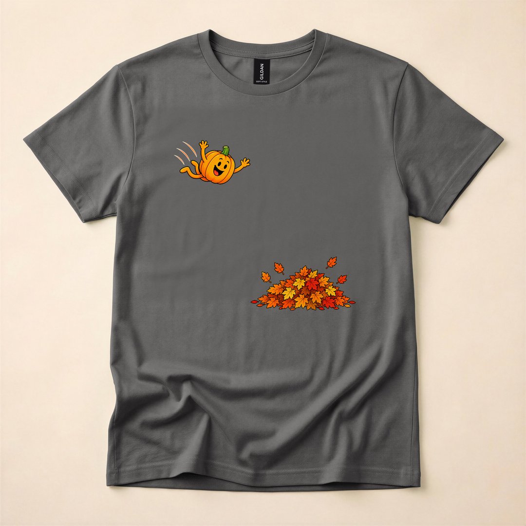 Cute Pumpkin Jumping Into Fall Leaves Autumn T-Shirt - photo 5
