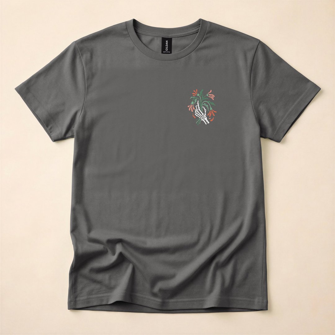 Skeleton Hand Holding Dead Flower Bouquet T-Shirt - photo 5