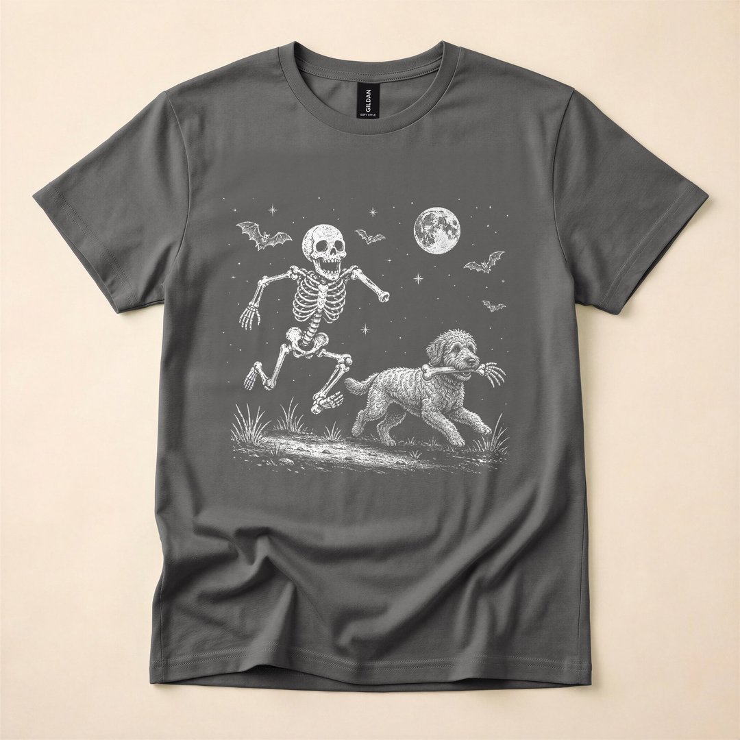Funny Skeleton Chasing Goldendoodle Halloween Dog T-Shirt - photo 5