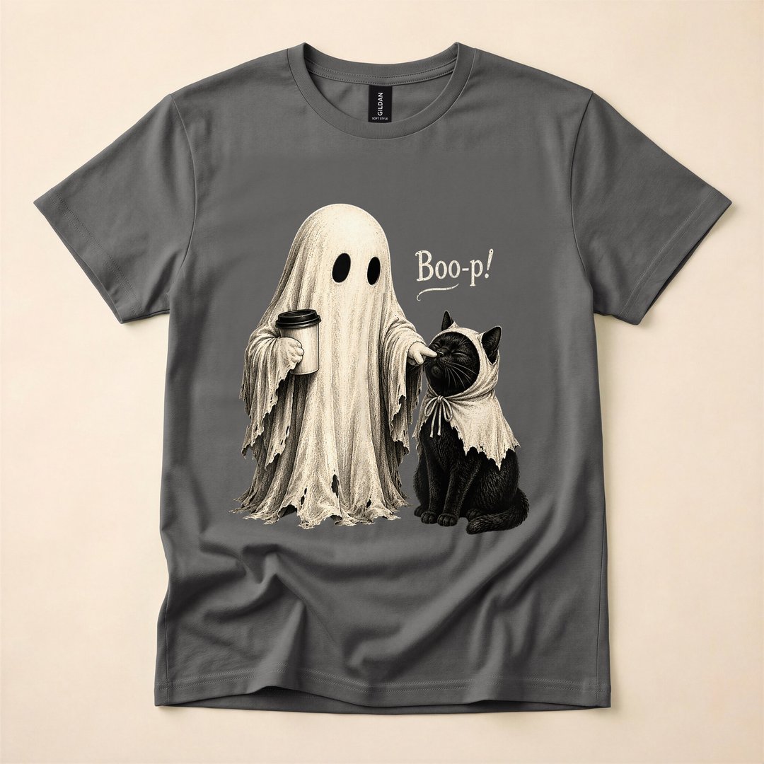 Adorable Vintage Ghost Boo-ping a Black Cat Halloween T-Shirt - photo 5
