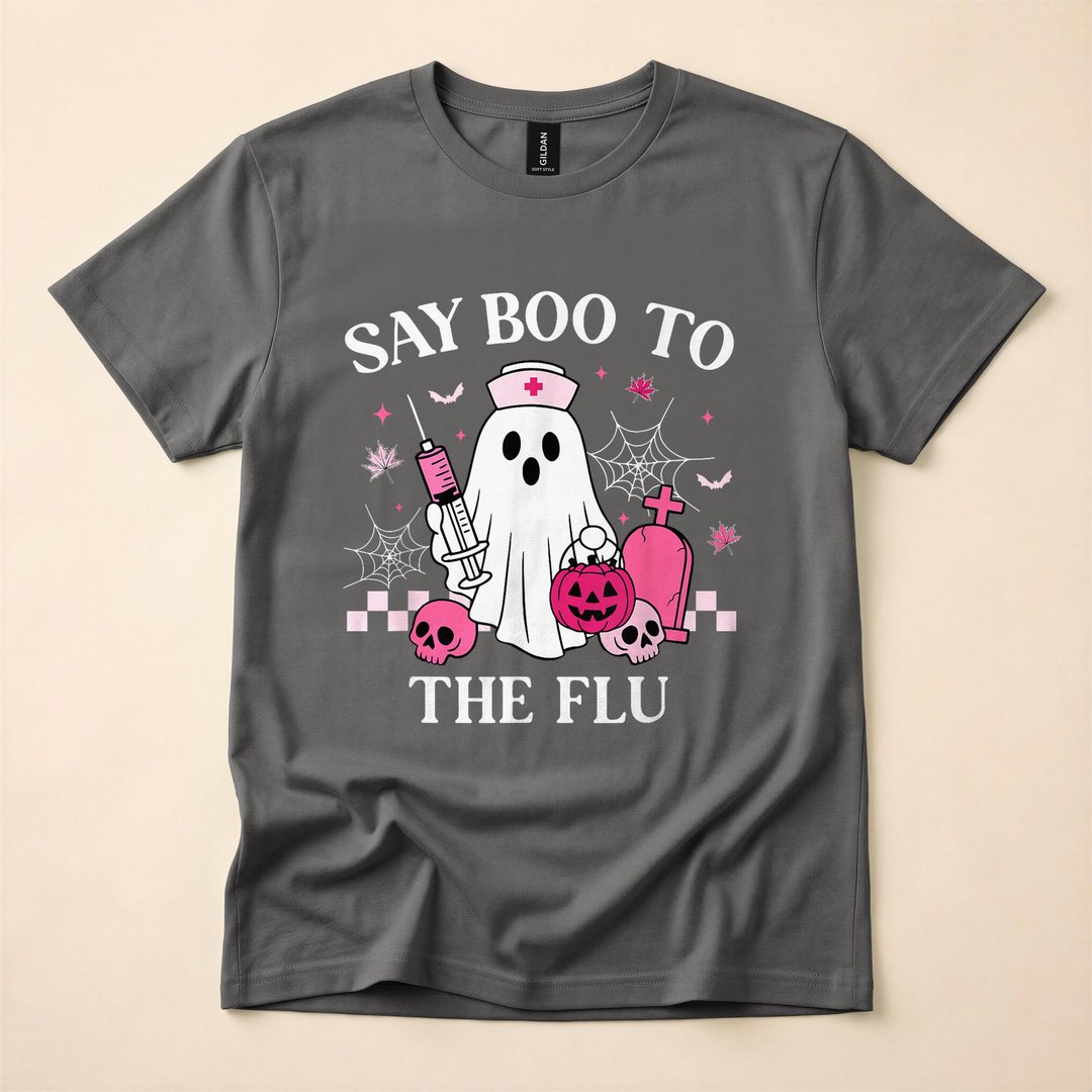 Say Boo to the Flu Funny Nurse Ghost Halloween T-Shirt - photo 5