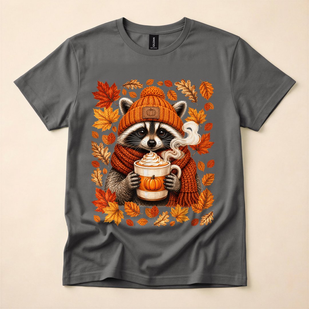 Raccoon Pumpkin Spice Latte Cozy Fall Autumn T-Shirt - photo 5