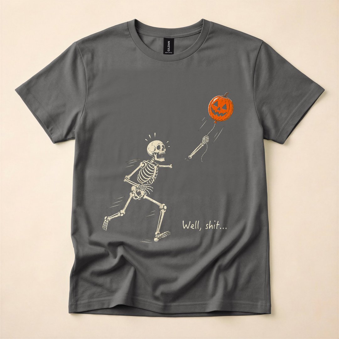 Skeleton Chasing a Lost Balloon Retro Halloween T-Shirt - photo 5
