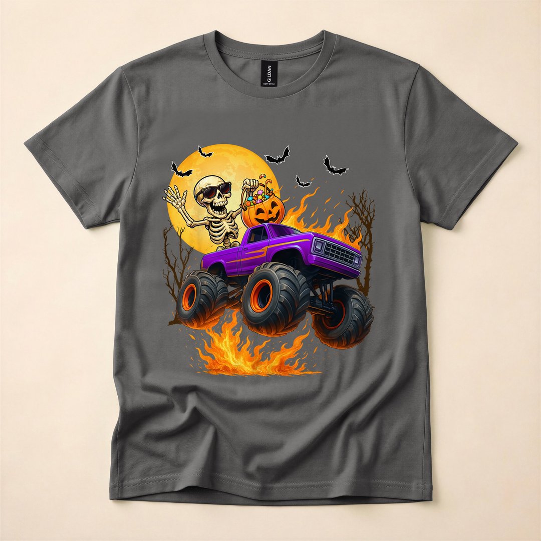 Skeleton Riding a Monster Truck Halloween T-Shirt - photo 5