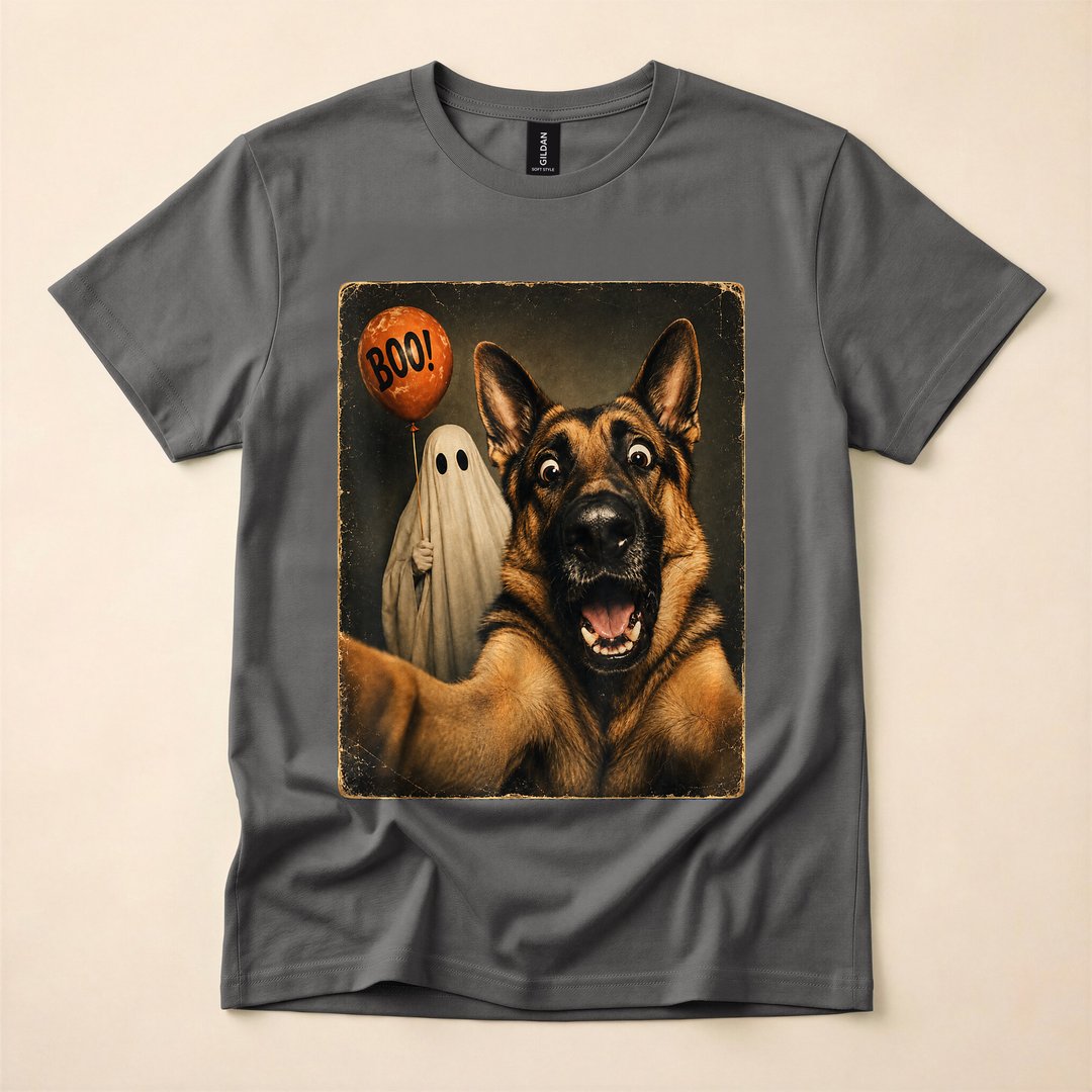 German Shepherd Ghost Selfie Boo Halloween Dog T-Shirt - photo 5