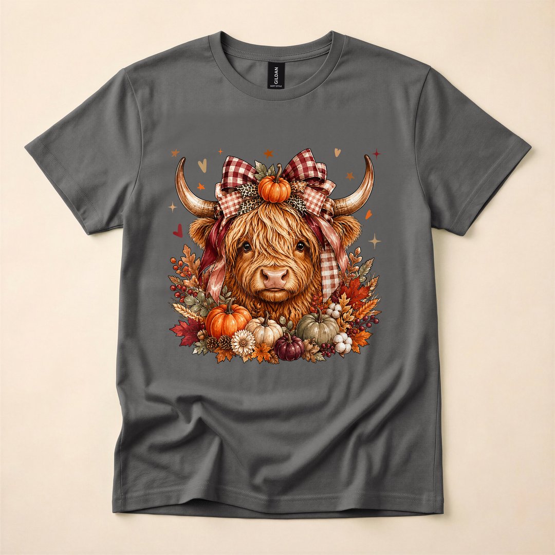 Highland Cow Pumpkin Coquette Bow Autumn Fall T-Shirt - photo 5