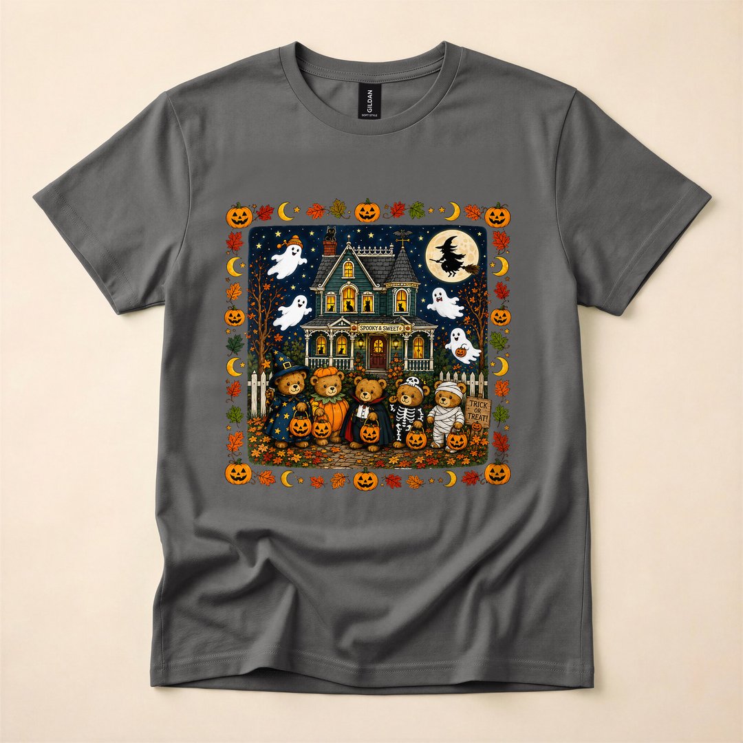Cute Halloween Teddy Bears Haunted House Scene T-Shirt - photo 5