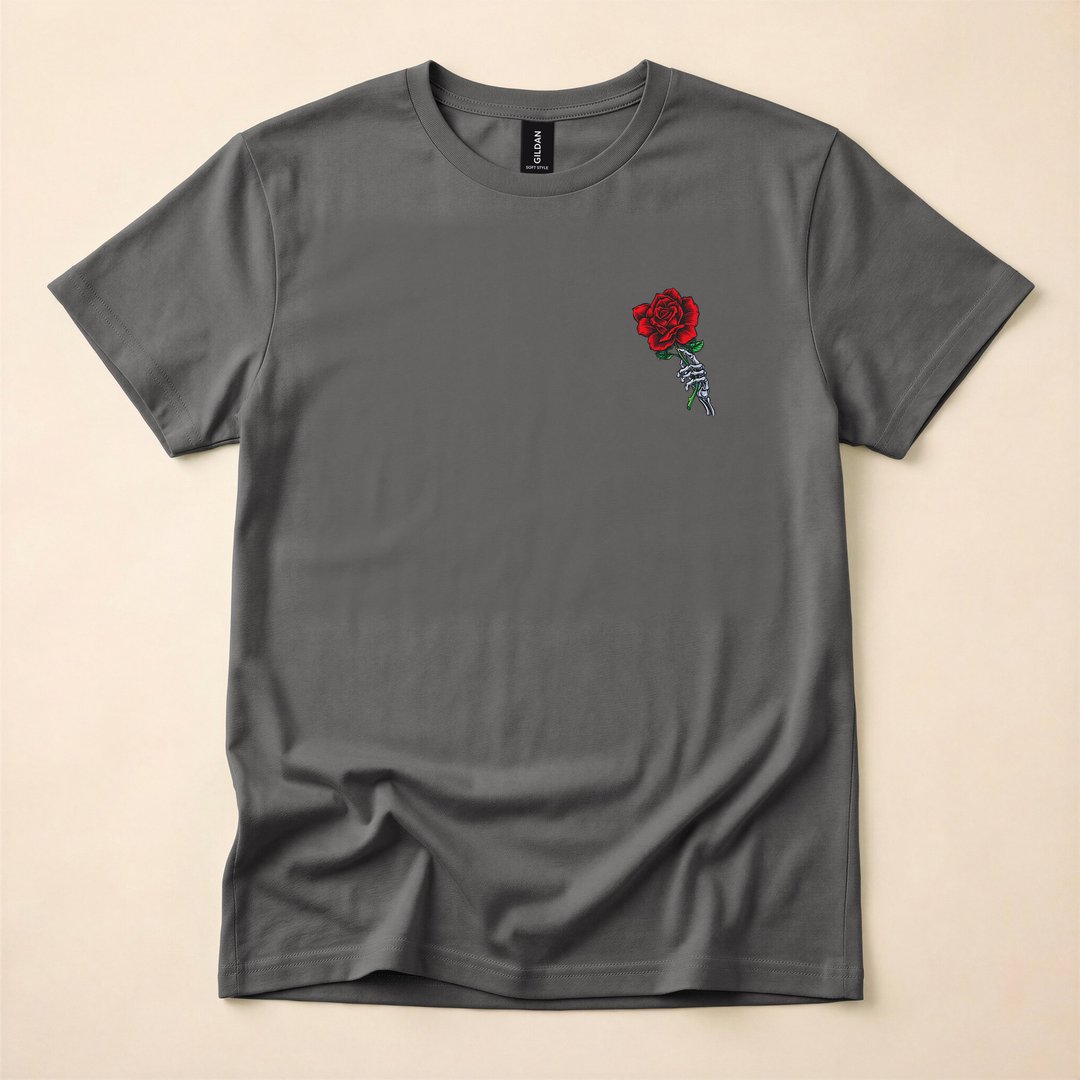 Skeleton Hand Holding a Red Rose Gothic T-Shirt - photo 5