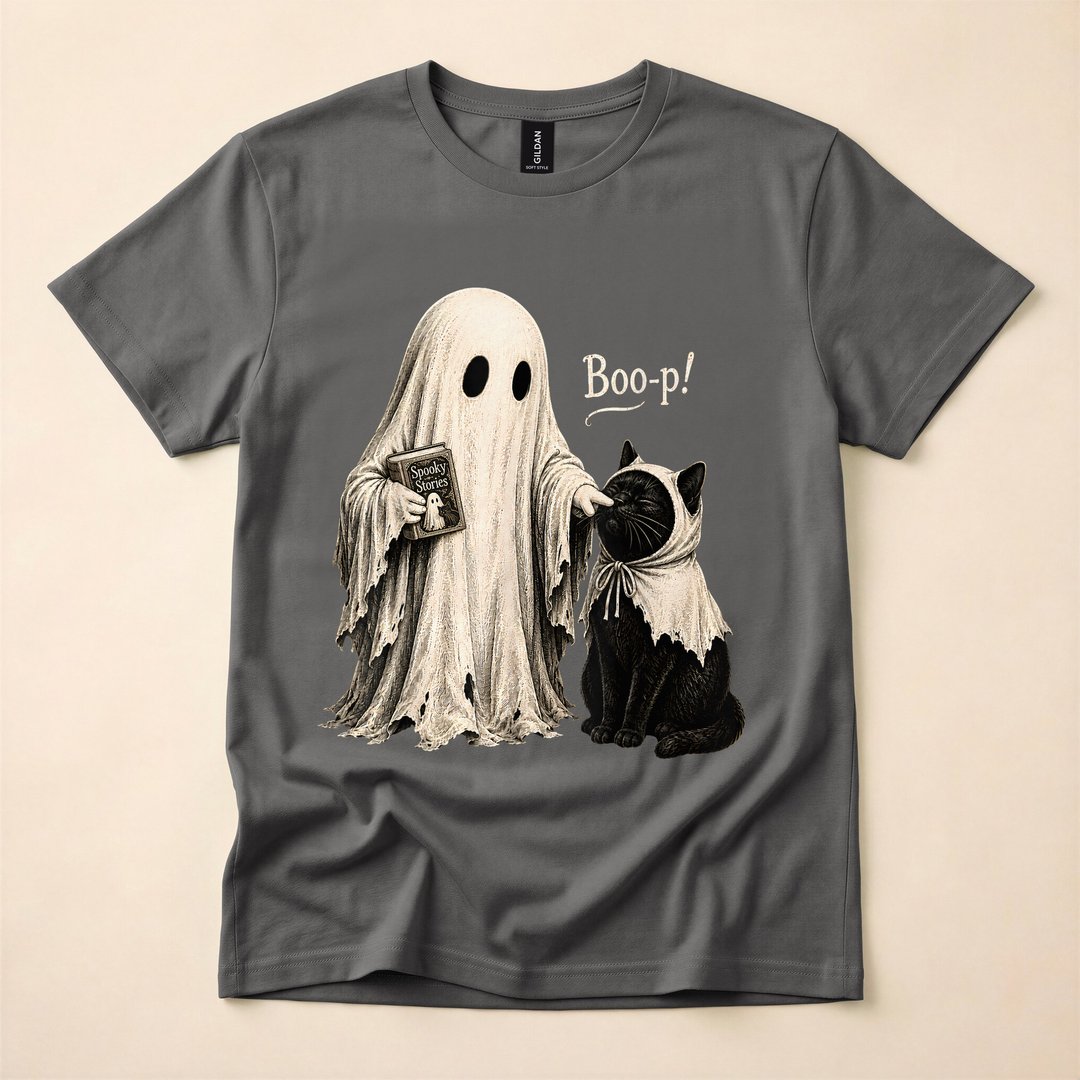 Vintage Halloween Ghost Black Cat and Spellbook T-Shirt - photo 5
