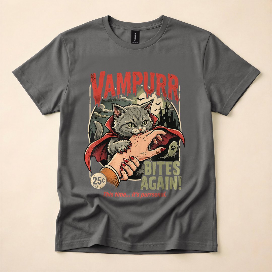 Vampurr Bites Again Vintage Vampire Cat Halloween T-Shirt - photo 5
