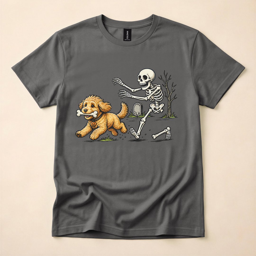 Goldendoodle Stealing a Skeleton's Bone Halloween T-Shirt - photo 5