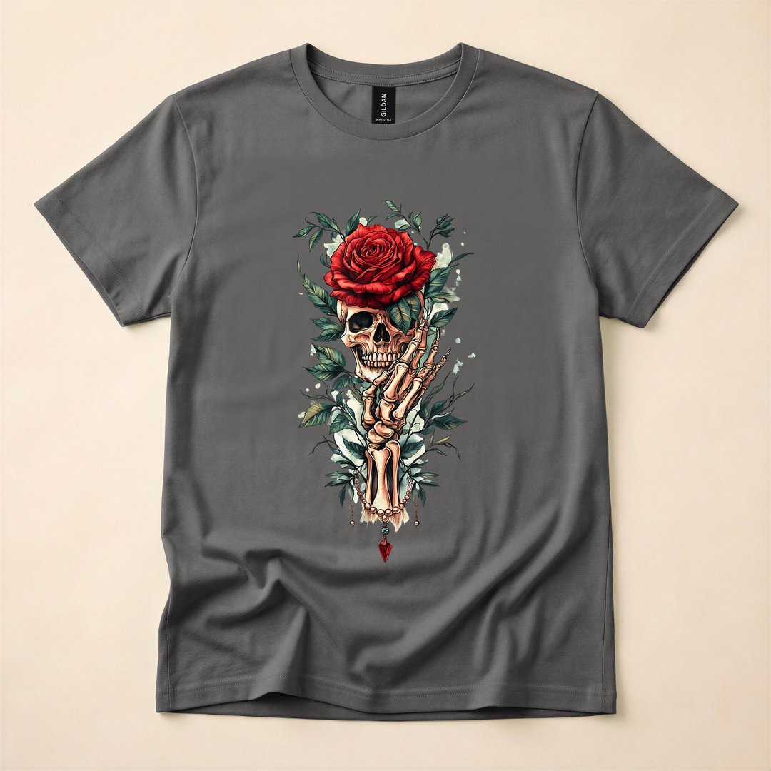 Skeleton Hand Holding Red Rose Gothic T-Shirt - photo 5