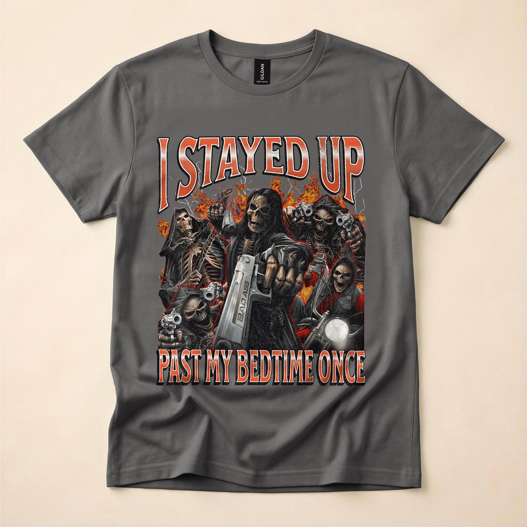 I Stayed Up Past My Bedtime Funny Skeleton Meme T-Shirt - photo 5