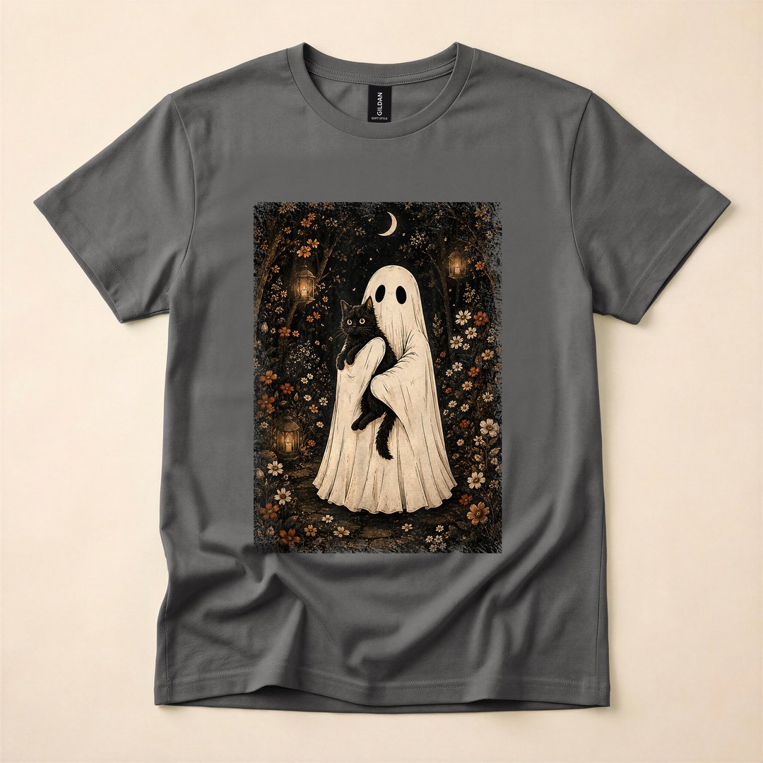 Cottagecore Ghost Holding a Black Cat Halloween T-Shirt - photo 5
