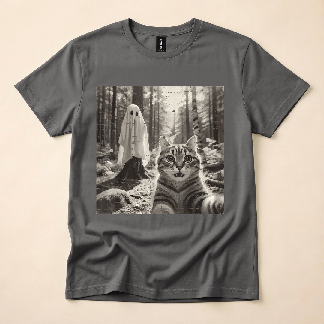 Halloween Tabby Cat in Ghost Sheet Costume Selfie T-Shirt - photo 5