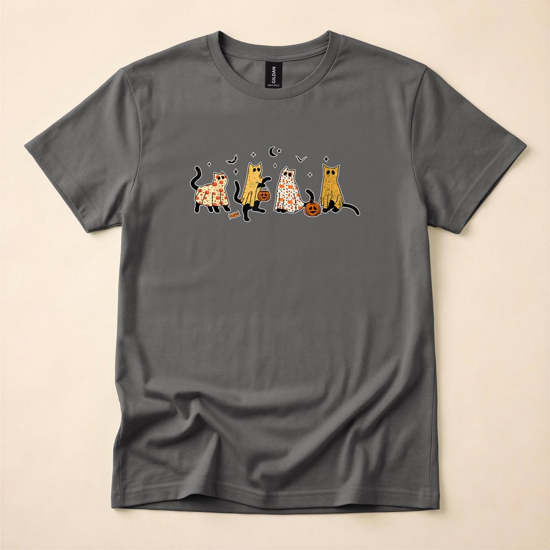 Cute Black Cats in Ghost Costumes Halloween T-Shirt - photo 5