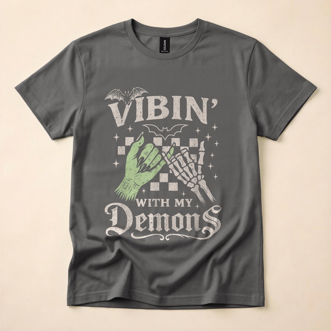 Vibin With My Demons Funny Retro Skeleton Halloween T-Shirt - photo 5