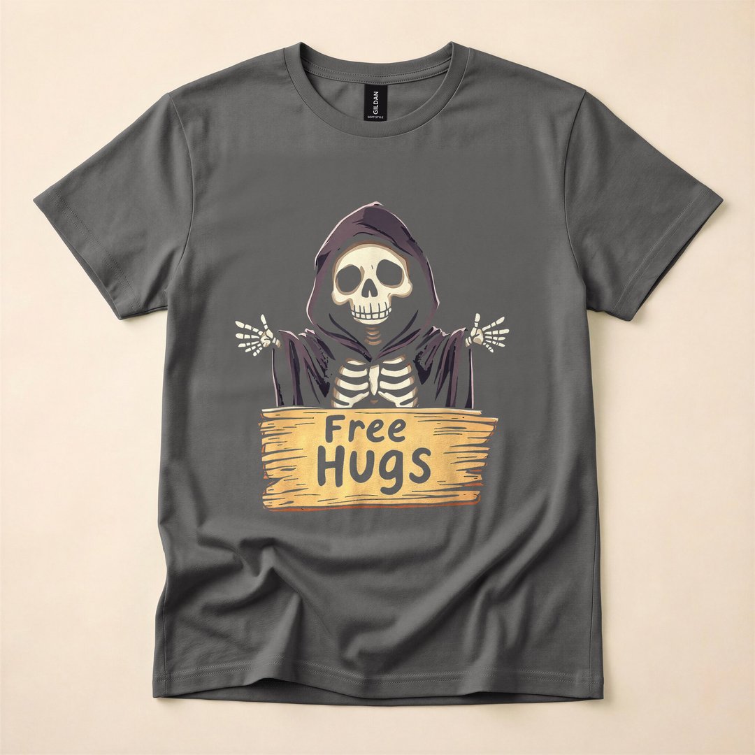 Free Hugs Cartoon Skeleton Funny Halloween T-Shirt - photo 5