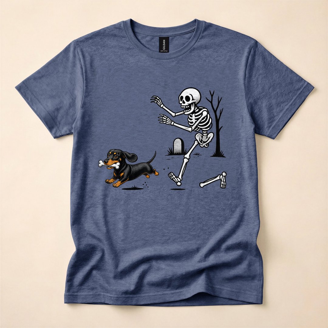 Funny Dachshund Skeleton Chasing a Bone Halloween T-Shirt
