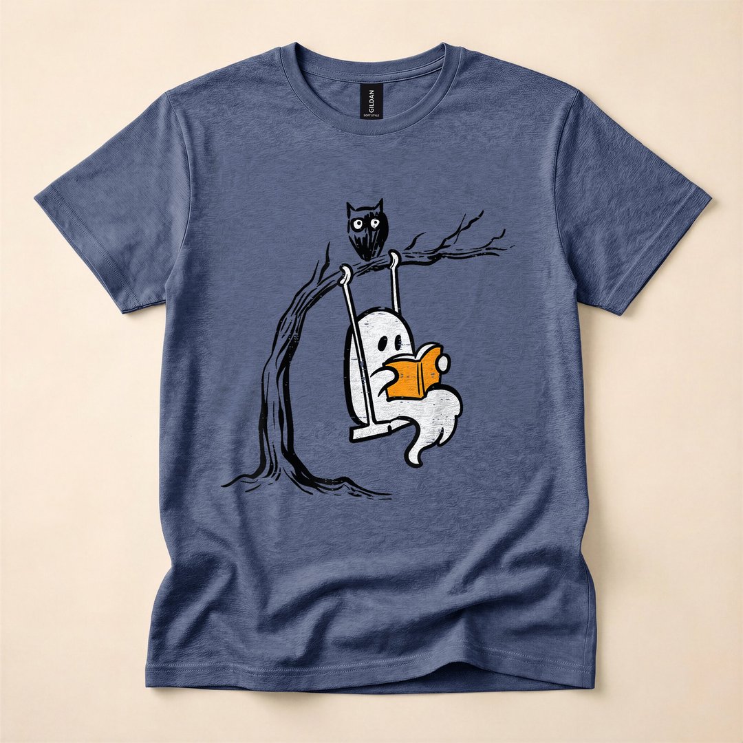 Cute Ghost Reading on a Swing Vintage Halloween T-Shirt
