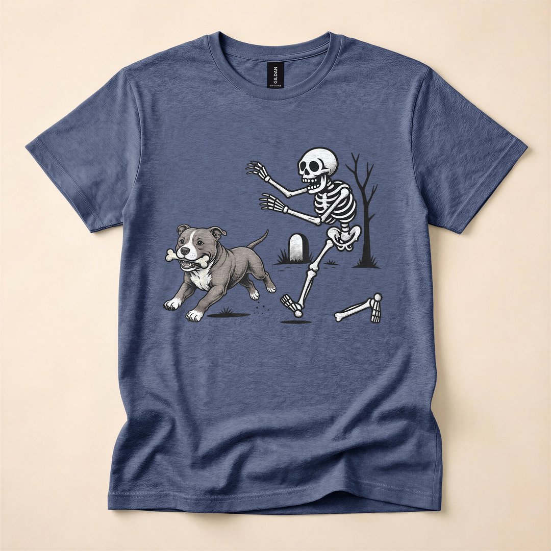 Skeleton Chasing a Pitbull Funny Halloween Dog T-Shirt