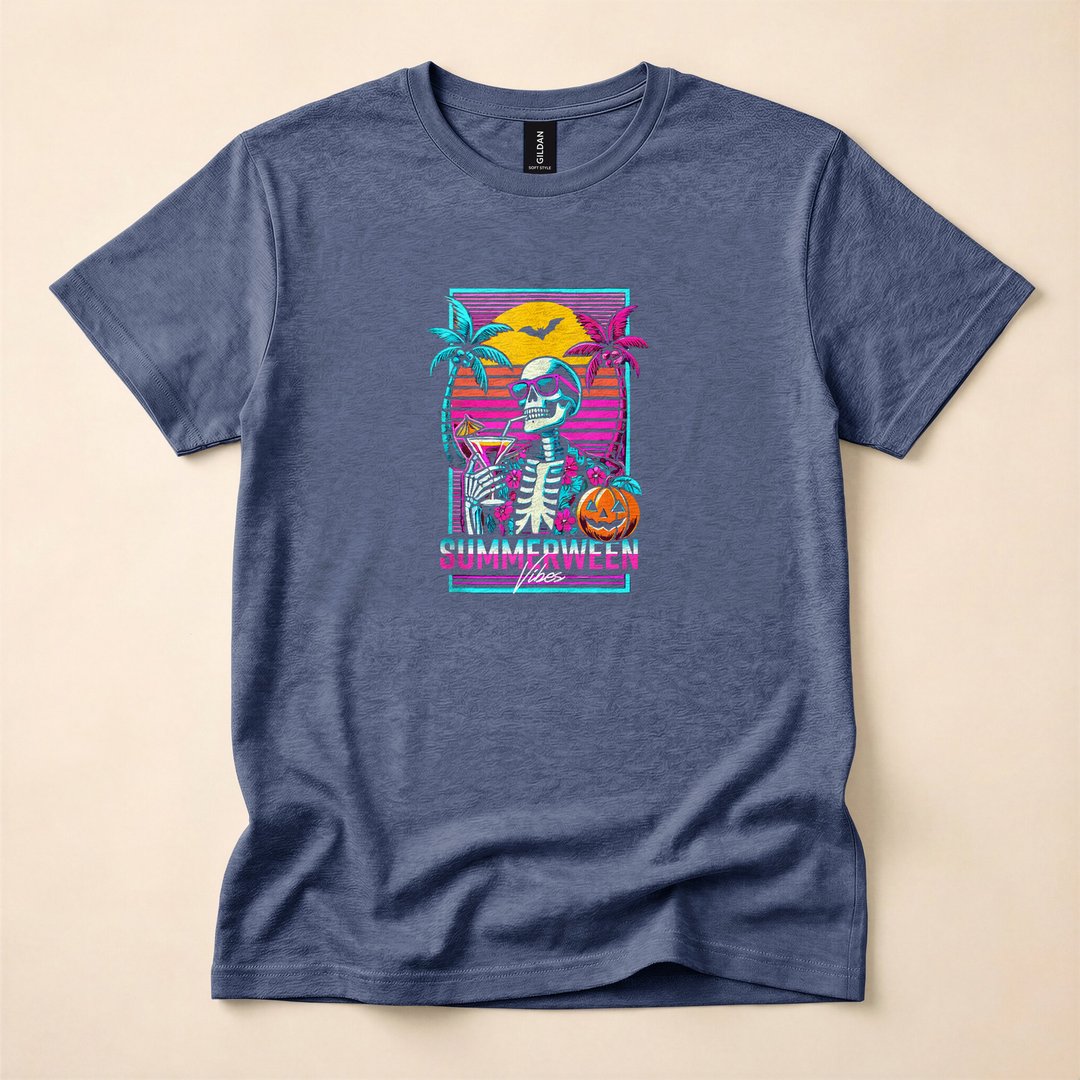 Summerween Beach Party Skeleton Vaporwave T-Shirt