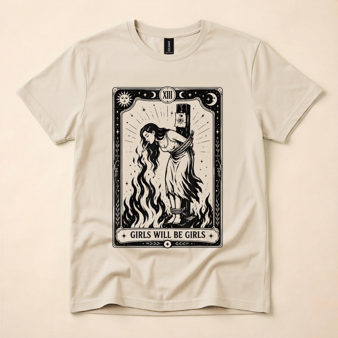 Girls Will Be Girls Witch Tarot Card T-Shirt, Witchy Halloween Spooky Season Tee for Her