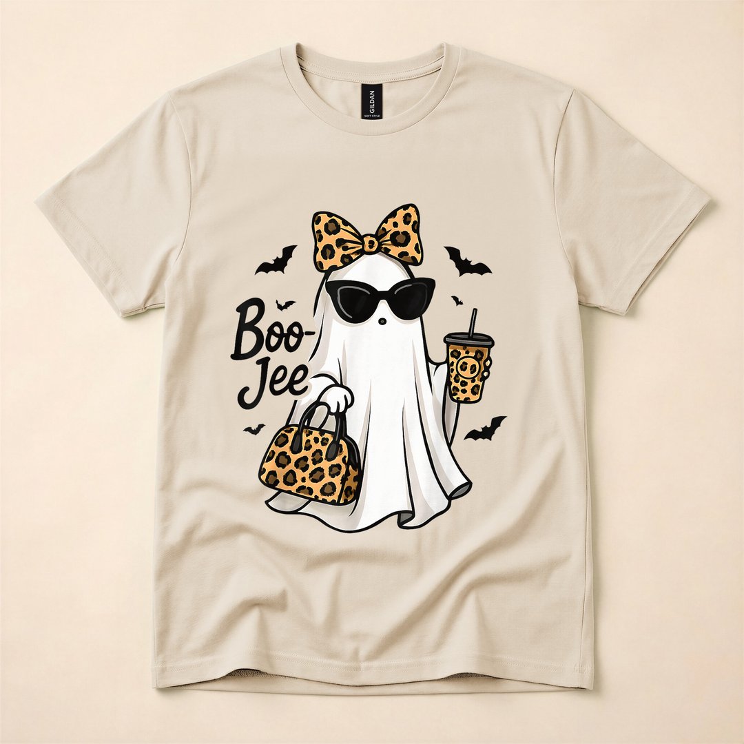 Boo-Jee Ghost with Coffee Coquette Bow Halloween T-Shirt