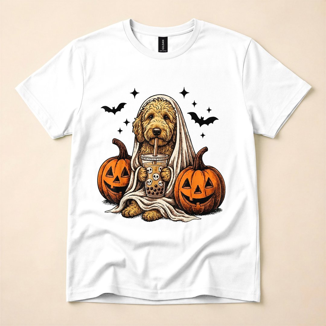 Goldendoodle Ghost and Boba Cute Halloween Dog T-Shirt
