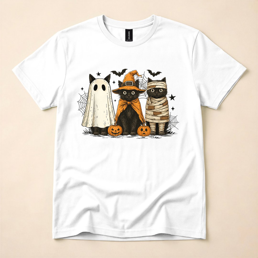 Retro Black Cat Witch and Pumpkin Halloween T-Shirt - photo 1