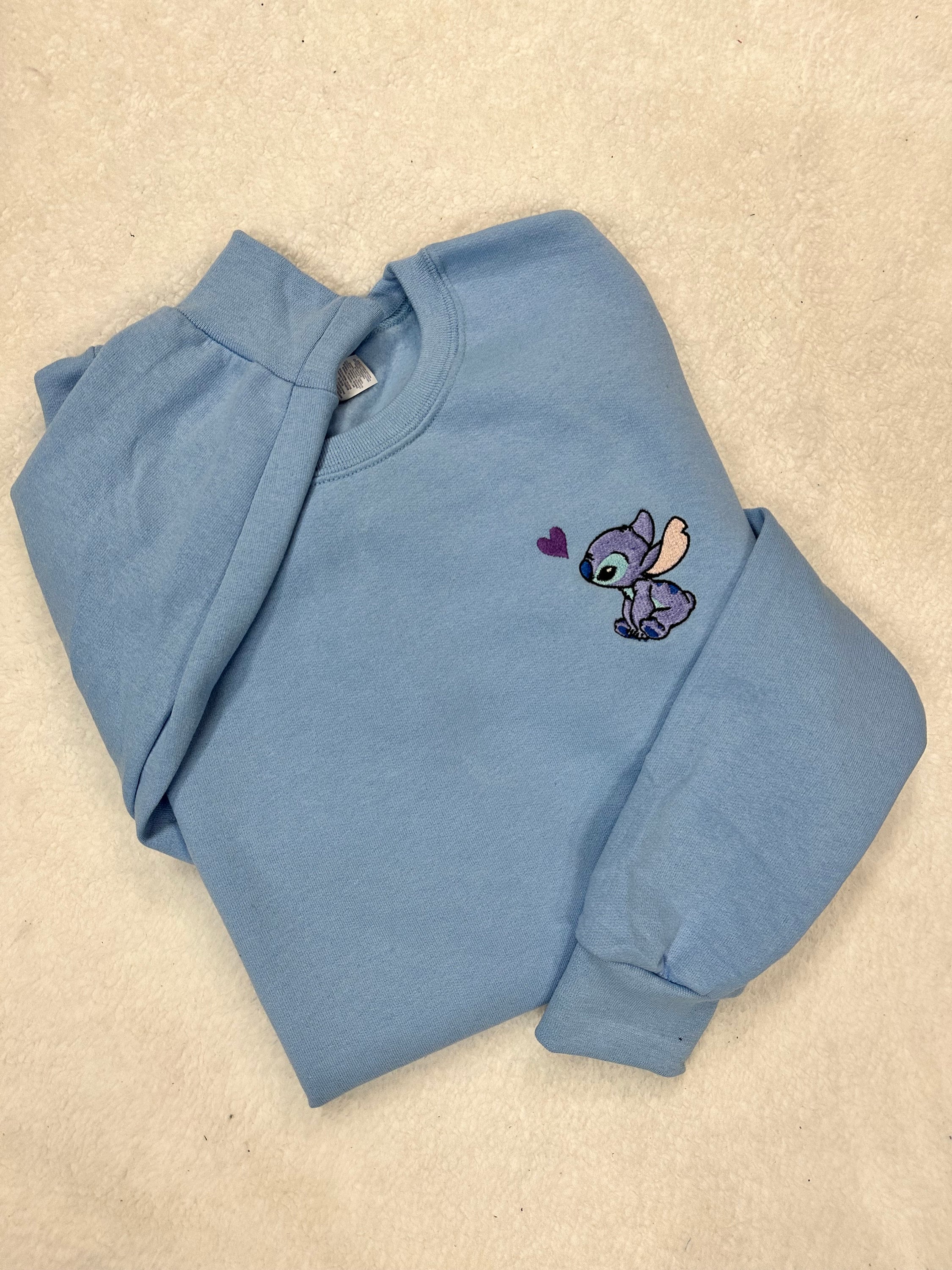 Embroidered Stitch and Angel Sweatshirt – Lilo and Stitch Disney Crewneck Embroidery Pullover for Fans