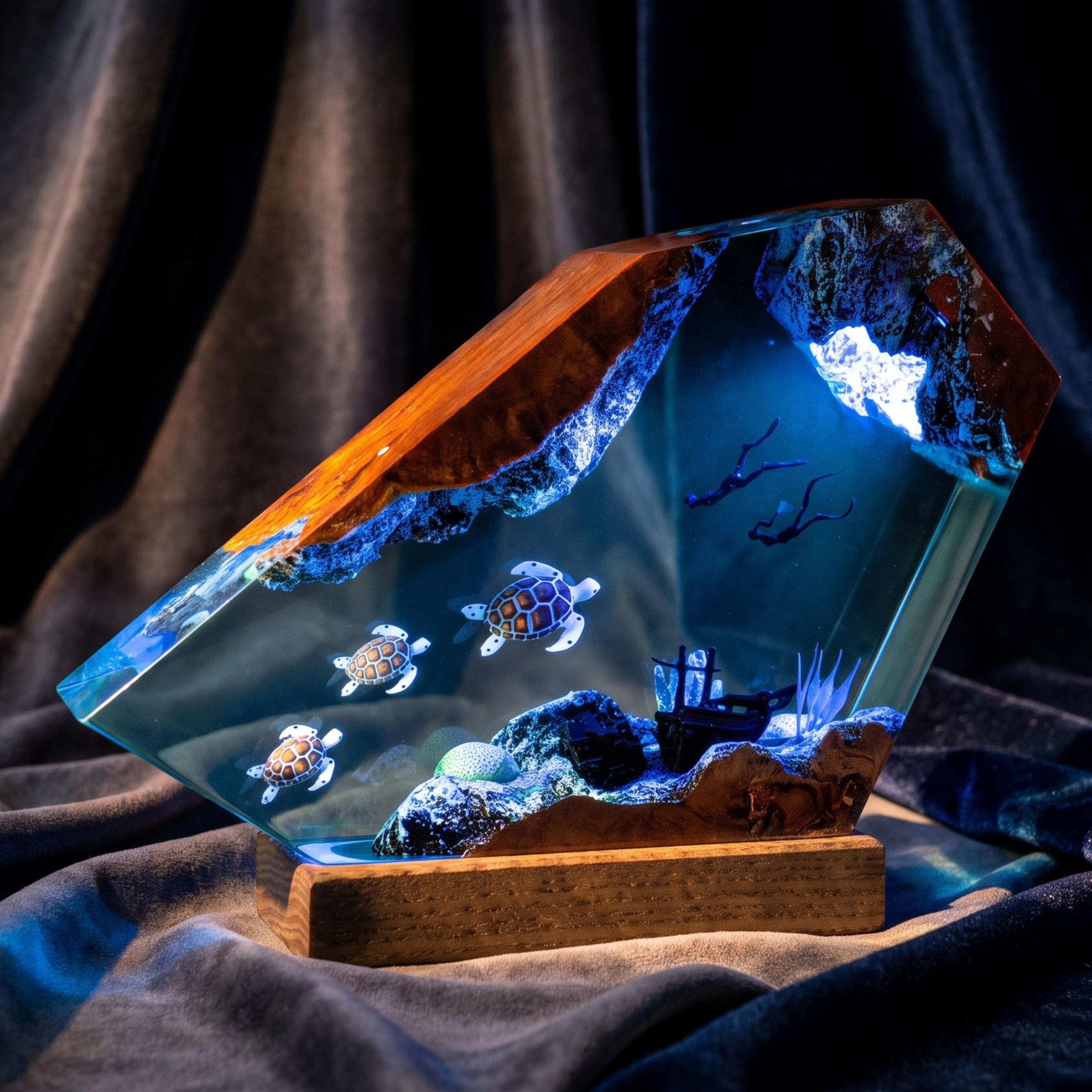 Turtles and Diver Epoxy Resin Night Light – Coral Reef Marine Life Decor and Unique Gift for Ocean Lovers