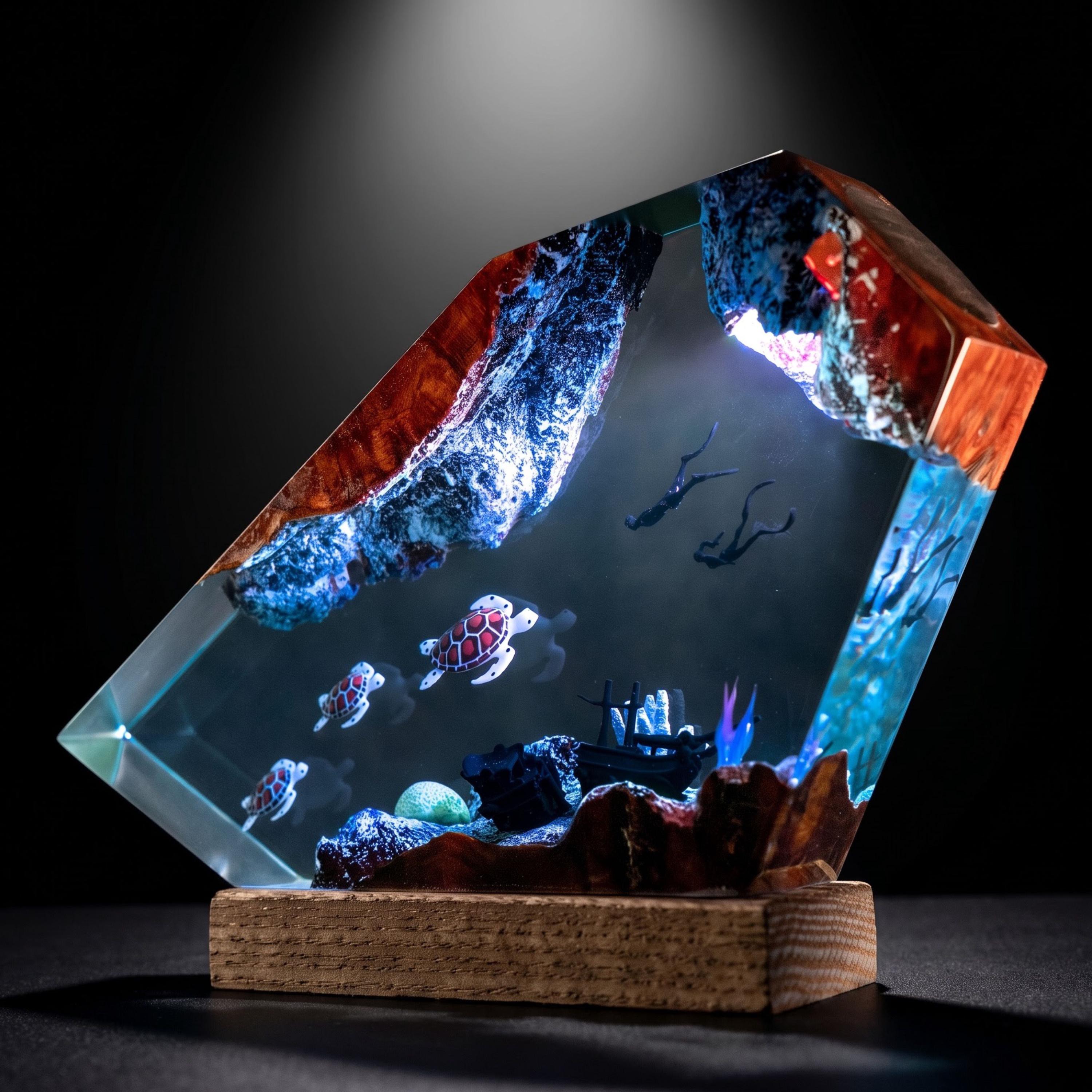 Turtles and Diver Epoxy Resin Night Light – Coral Reef Marine Life Decor and Unique Gift for Ocean Lovers - photo 13