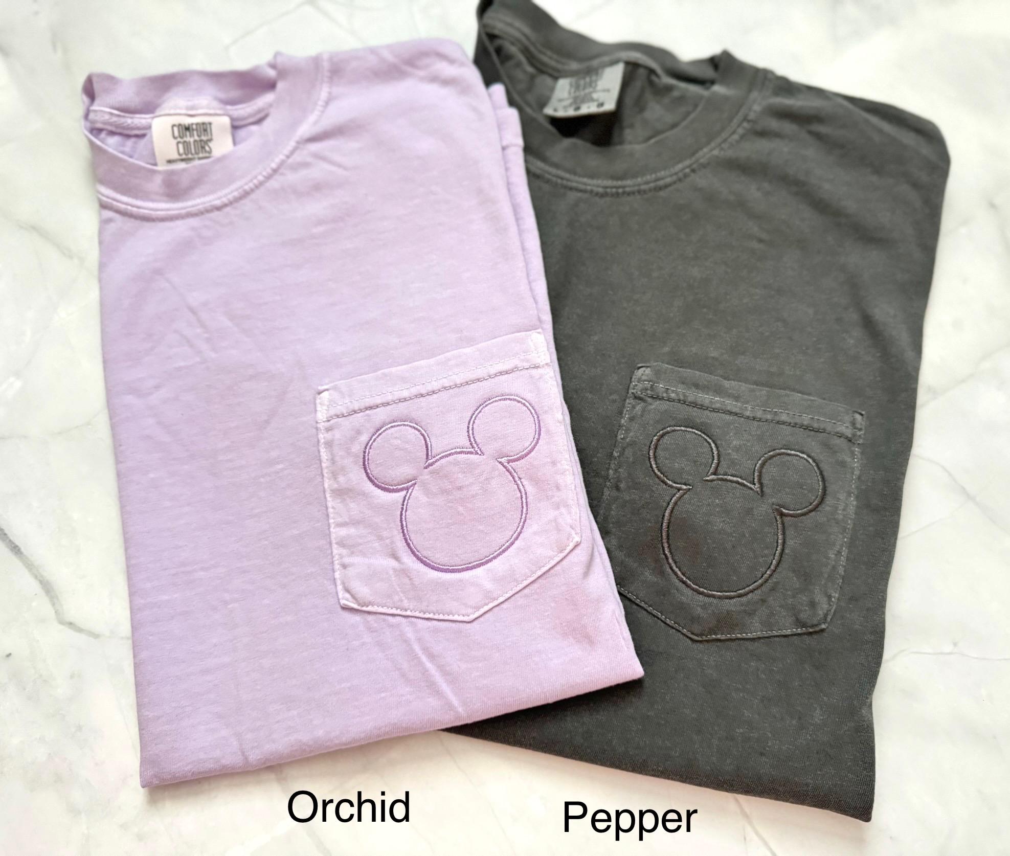 Embroidered Mickey Mouse Comfort Colors Pocket Tee – Simple Monochrome Disney Shirt for Everyday Wear