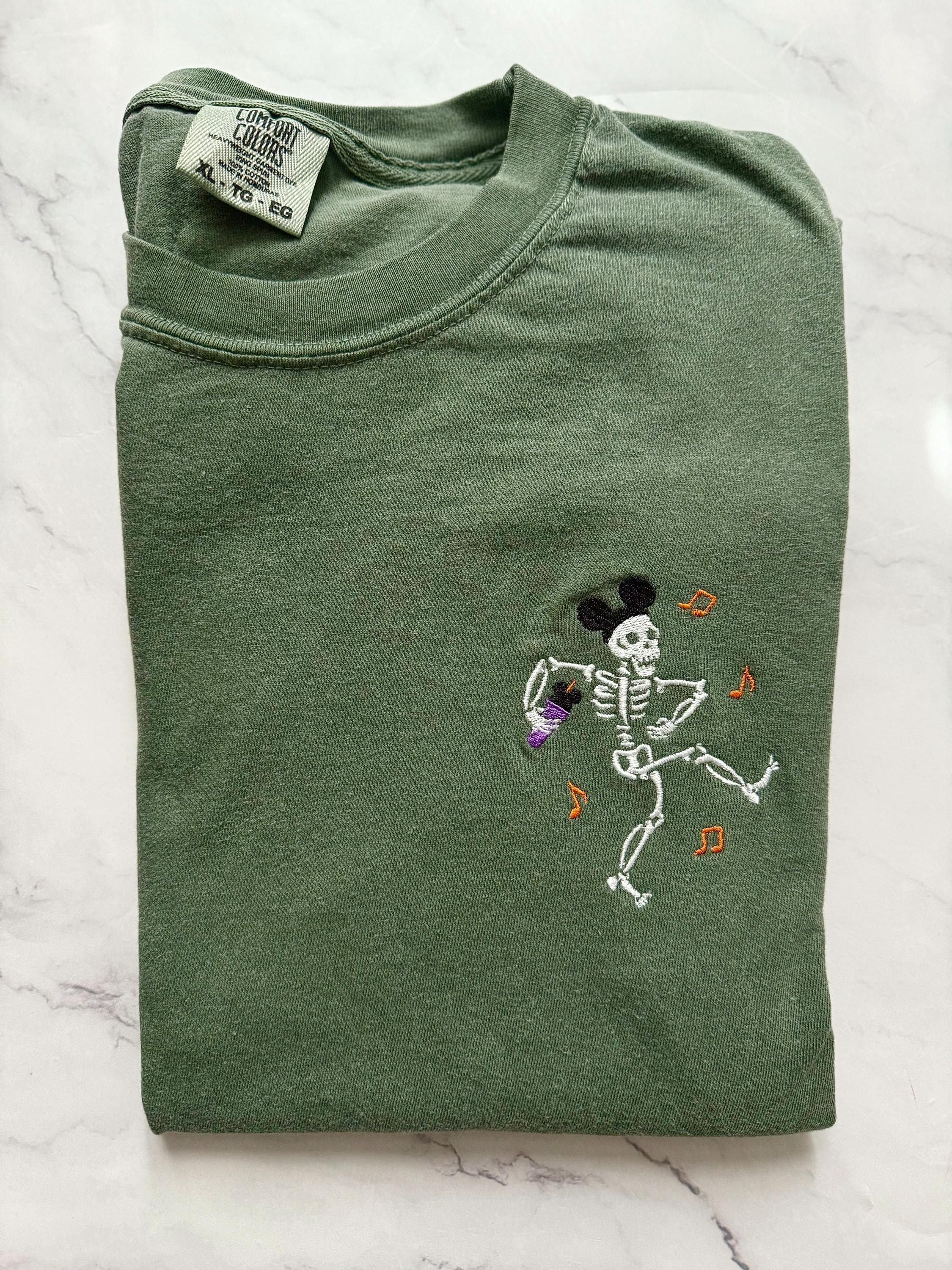 Embroidered Disney Halloween Dancing Skeleton Shirt with Mickey – Halloween Party Tee for Disney Fans