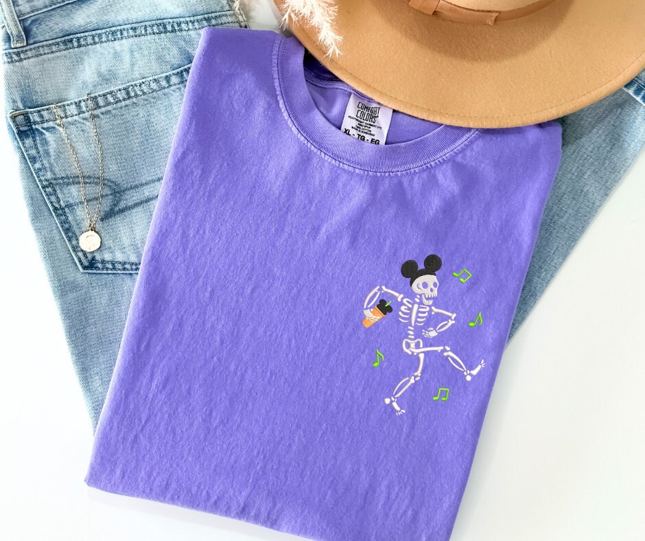 Embroidered Disney Halloween Dancing Skeleton Shirt with Mickey – Halloween Party Tee for Disney Fans - photo 2