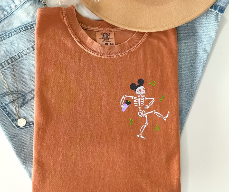 Embroidered Disney Halloween Dancing Skeleton Shirt with Mickey – Halloween Party Tee for Disney Fans - photo 3