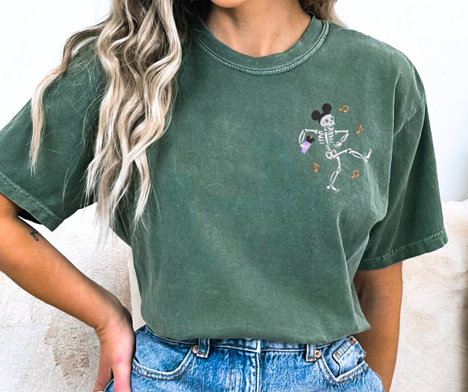 Embroidered Disney Halloween Dancing Skeleton Shirt with Mickey – Halloween Party Tee for Disney Fans - photo 4